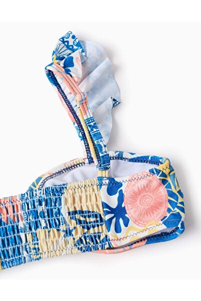 Ziddy Printed Bikini with Ruffles and Bow for Girls, Blue