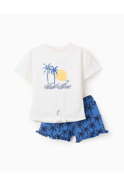 Ziddy Cotton T-shirt + Shorts for Girls 'Palm Trees', White/Blue