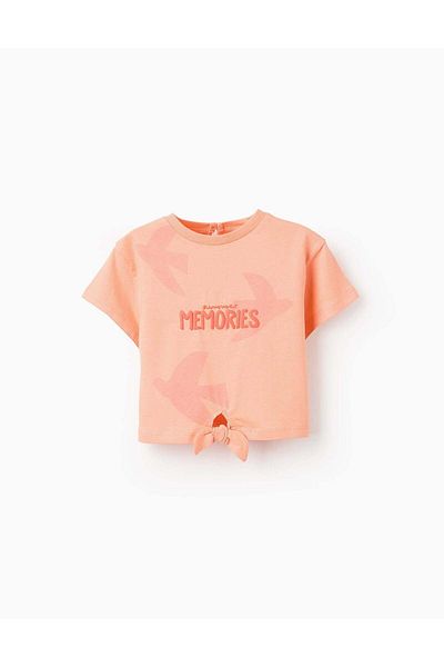 Ziddy Cotton T-shirt with Knot for Baby Girls 'Summer Memories', Coral