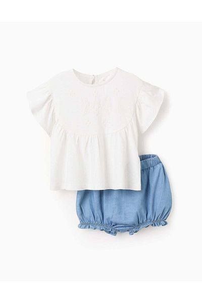 Ziddy T-shirt + Shorts with Frills for Baby Girls, White/Blue