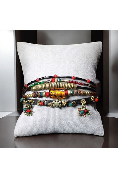 DEHNA Red Leather Bracelet - Stylish Design, Wire and Bead Embroidered, Magnetic Closure