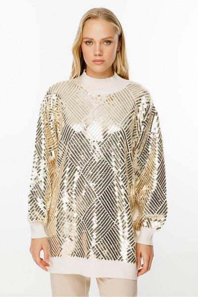 Ghisa Half Fisherman Sequined Knitwear Tunic - Ecru