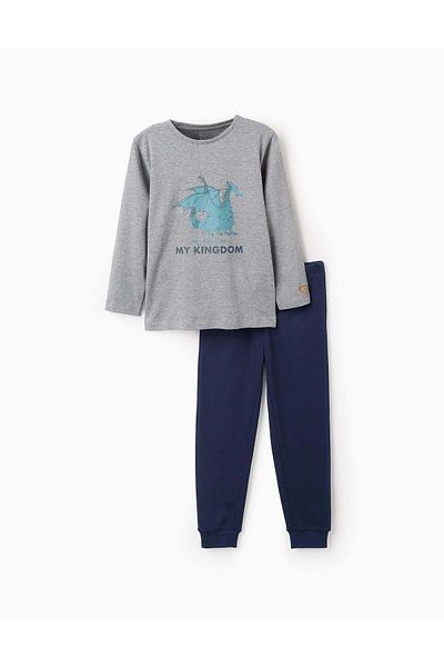 Ziddy Pyjama Long Sleeve Top with Wings + Trousers for Boys 'Dragon', Blue/Grey