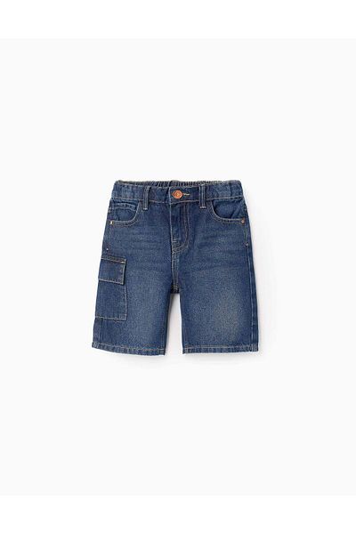 Ziddy Denim Cotton Shorts with Cargo Pocket for Boys, Dark Blue