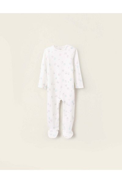 Ziddy Cotton Sleepsuit with Cupcakes Motif for Baby Girls, White