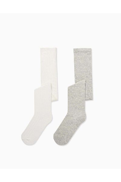 Ziddy Pack of 2 Plain/Ribbed Tights for Girls, White/Grey