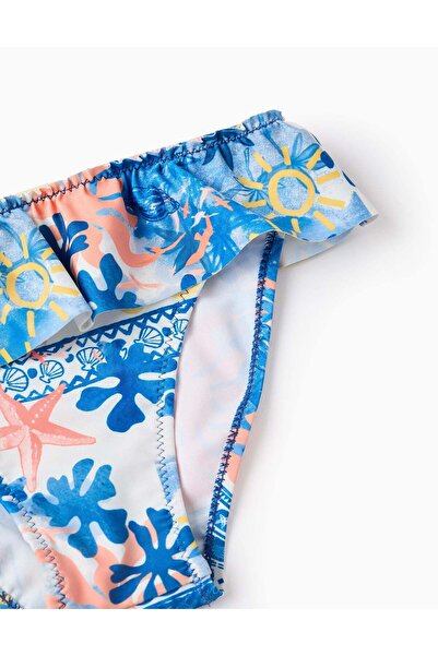 Ziddy Printed Bikini with Ruffles and Bow for Girls, Blue