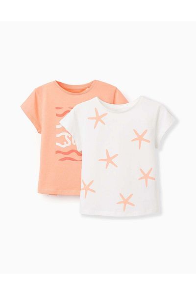 Ziddy Pack of 2 Cotton T-shirts for Girls 'Starfish', Coral/White