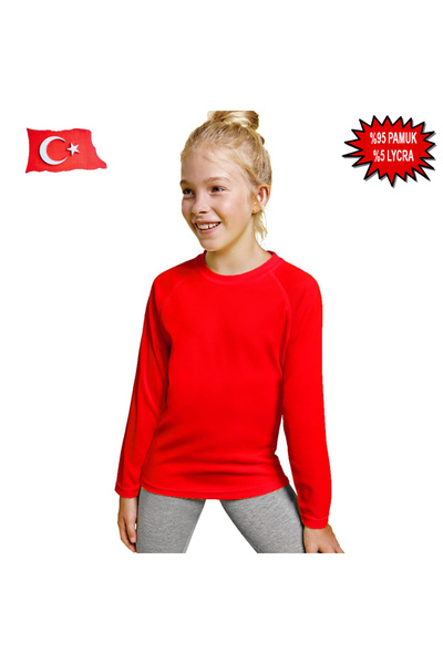 HediyeMania Κόκκινο ελαστικό ύφασμα Παιδικό μπλουζάκι με μακρύ μανίκι με λαιμ...