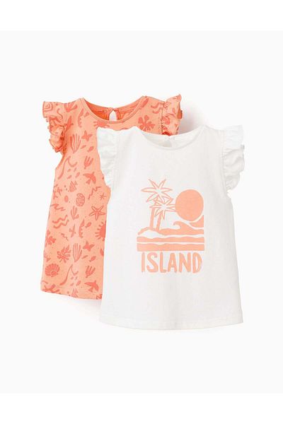 Ziddy Pack of 2 Tops with Ruffles for Baby Girls 'Island', White/Coral