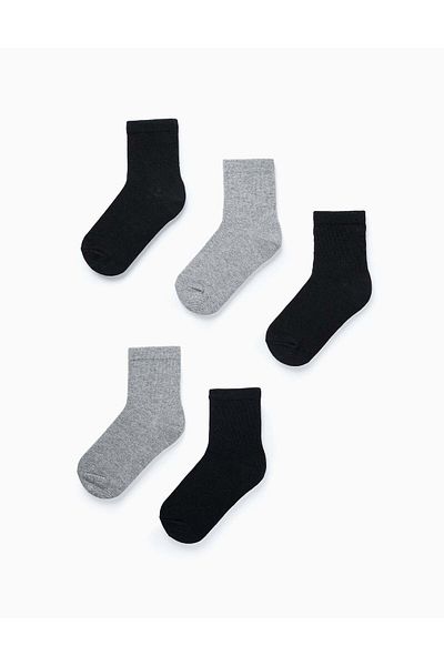 Ziddy Pack of 5 Pairs of Plain Socks for Boys, Grey/Black