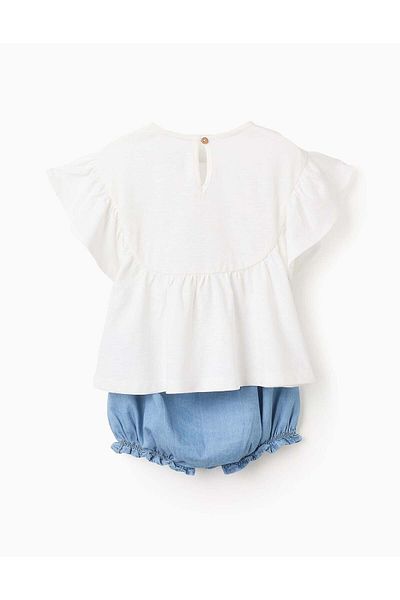 Ziddy T-shirt + Shorts with Frills for Baby Girls, White/Blue
