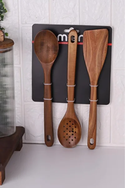 DORRY HOME Acacia Wood 3-Piece Kitchen Spoon Set Perforated Spoon Mixing Spoon and Spatula