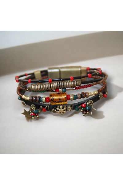 DEHNA Red Leather Bracelet - Stylish Design, Wire and Bead Embroidered, Magnetic Closure