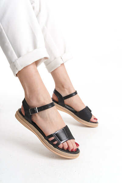 Limeo Straw Striped Silver Buckle Comfortable Low Flat Sole Summer Women's Black Sandals Slippers