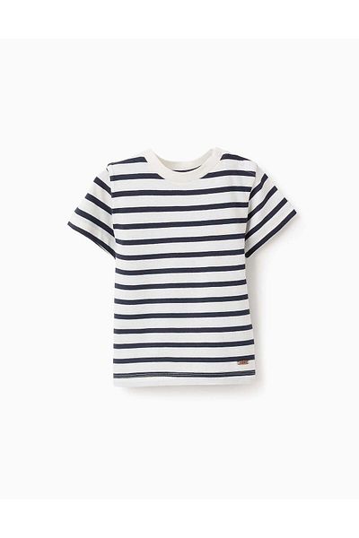 Ziddy Striped Cotton T-shirt for Baby Boys, White/Blue