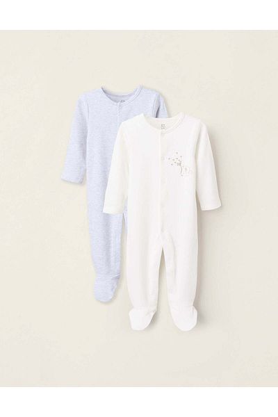 Ziddy Pack of 2 Cotton Sleepsuits for Newborn Girls 'Mouse', Grey/White