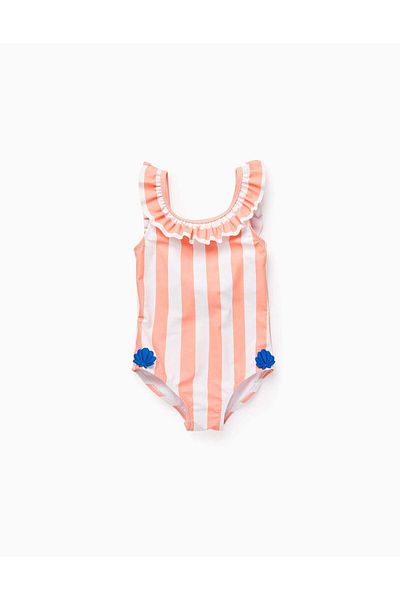 Ziddy Striped Swimsuit with 3D Shells for Baby Girls, Orange/White