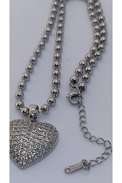 NETİCE ÖYLEK Stainless Steel Necklace with Stone Heart Design (35+5 cm)