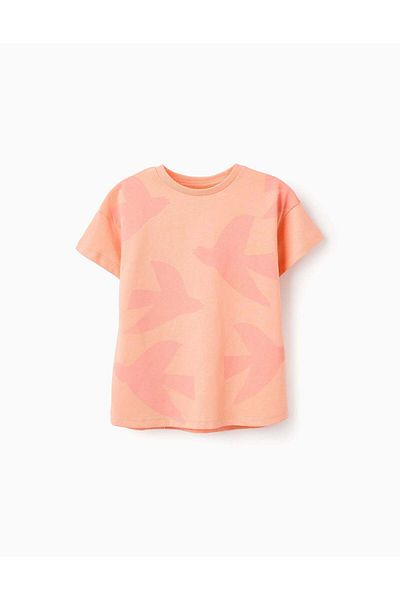 Ziddy Cotton T-shirt with Motif for Girls 'Birds', Coral