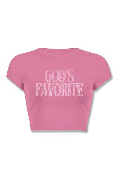 3 ROPE Το αγαπημένο του Θεού Rhinestone Stone Printed Crop Pink