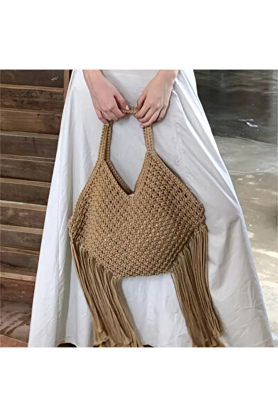 NeednStore Women's Tasseled Cotton Hand Knitted Natural Mesh Bohemian Style Lined Handbag