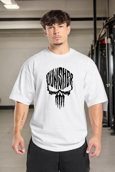 BESSA Ανδρικό μπλουζάκι Punisher με εμπριμέ λευκό Oversize Crew Neck Cotton Athlete