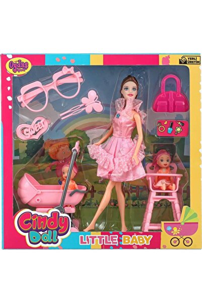 mavi su dünyası Pusetli 12 Parçalı Mama Sandalyeli Bebek Seti Cindy Doll Little Baby