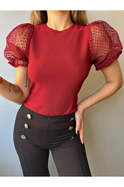 Butik Beyza Kadın Kısa Karpuz Kol Kolları Tül Likralı Bluz