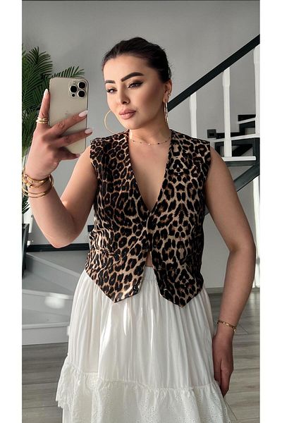 Oslove Premium Leopard Pattern Buttoned Vest