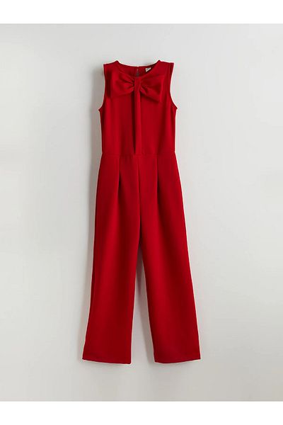LC Waikiki Red Crew Neck Regular Fit Pleated Girl's Jumpsuit