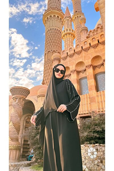 Ferraceci Kolları El İşi Taş İşlemeli Siyah Dubai İpeği Ferace