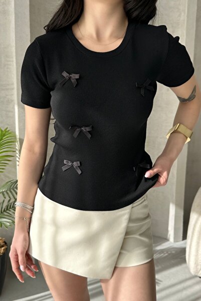 Chicup Γυναικεία Πλεκτή Μπλούζα με Μαύρο Φιόγκο