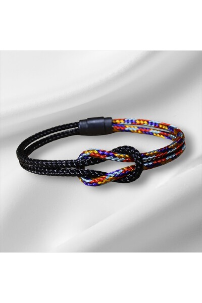 DEHNA Çelik Hasır Örgü Bileklik - Denizci Düğümü - Siyah-Çok Renkli