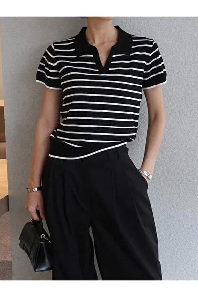 zeynstore Women's Polo Neck Striped Short Sleeve Knitwear Blouse