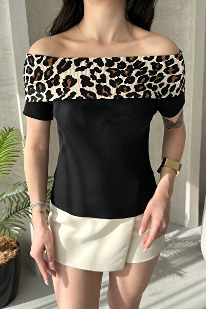 Chicup Bluză tricotată cu nervuri leopard Madonna neagră de damă