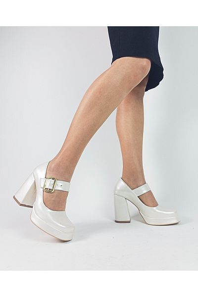 GDT Ayakkabı Mother of Pearl Color Banded Thick High Heel Platform Sole Women's Evening Dress Shoes