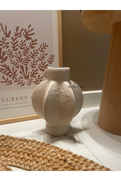 Home Seramik bej tekli kısa köşeli stoneware vazo (muadil marka)
