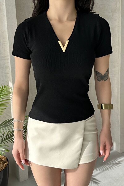 Chicup بلوزة نسائية محبوكة من المعدن الأسود على شكل حرف V