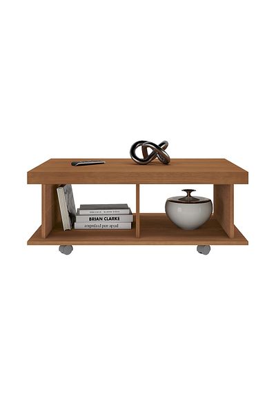 ARTLY Movable square coffee table with wheels and shelves for living rooms and homes, natural brown color, 90*59*35
