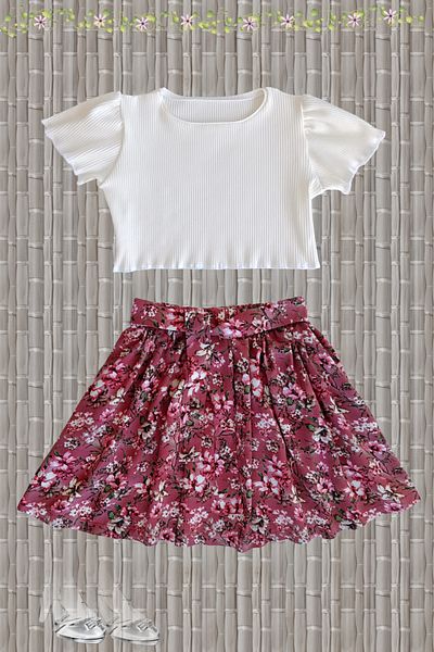 MODA59 Ribbed Ecru Color Modal Cotton Crop and Viscose Floral Skirt Set