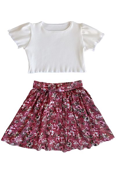 MODA59 Ribbed Ecru Color Modal Cotton Crop and Viscose Floral Skirt Set