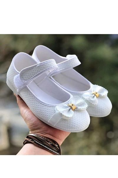 ALTUNTAŞ Girl's Ballerinas - White, Silver Bow Detail, Non-Slip Lightweight Sole