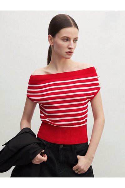 zeynstore Women's Red Madonna Collar Striped Knitwear Blouse