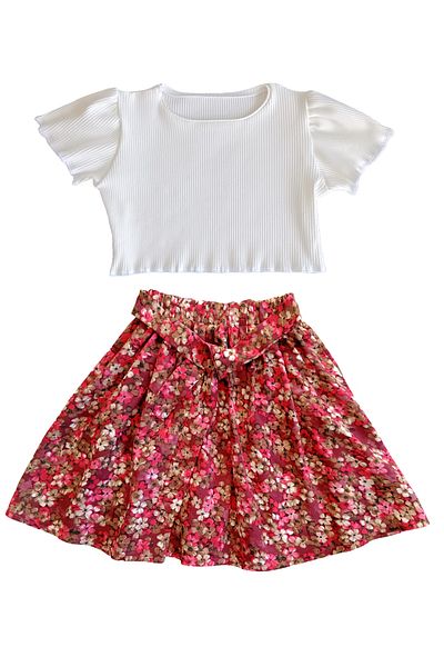 MODA59 Ribbed Ecru Color Modal Cotton Crop and Viscose Floral Skirt Set