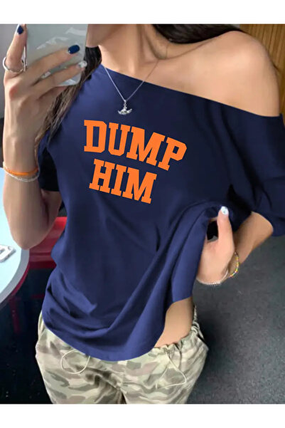 Machetta Large Size Women's Off Shoulder Dump Him Boat Neck Printed T-Shirt