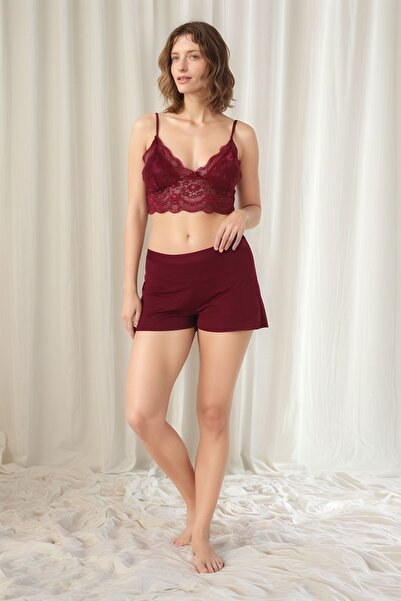 QKK Kadın Bordo Penye Gelin 6'lı Çeyiz Seti Sabahlık & Gecelik & Pijama Şortlu Takım Q9U6O2K0KKA