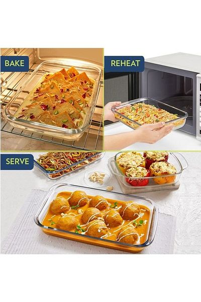 Borosil Microwavable Deep Rectangular Dish With Handle, Microwave, Oven And Dishwasher Proof White 3Liters