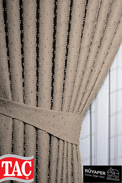 Taç Dream Linen Series Grammage Pompom Pattern Straw Color Background Curtain Frequent Pleat Single Wing