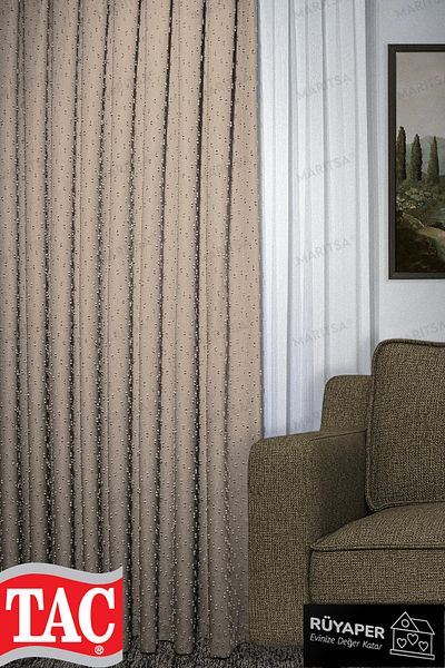 Taç Dream Linen Series Grammage Pompom Pattern Straw Color Background Curtain Frequent Pleat Single Wing